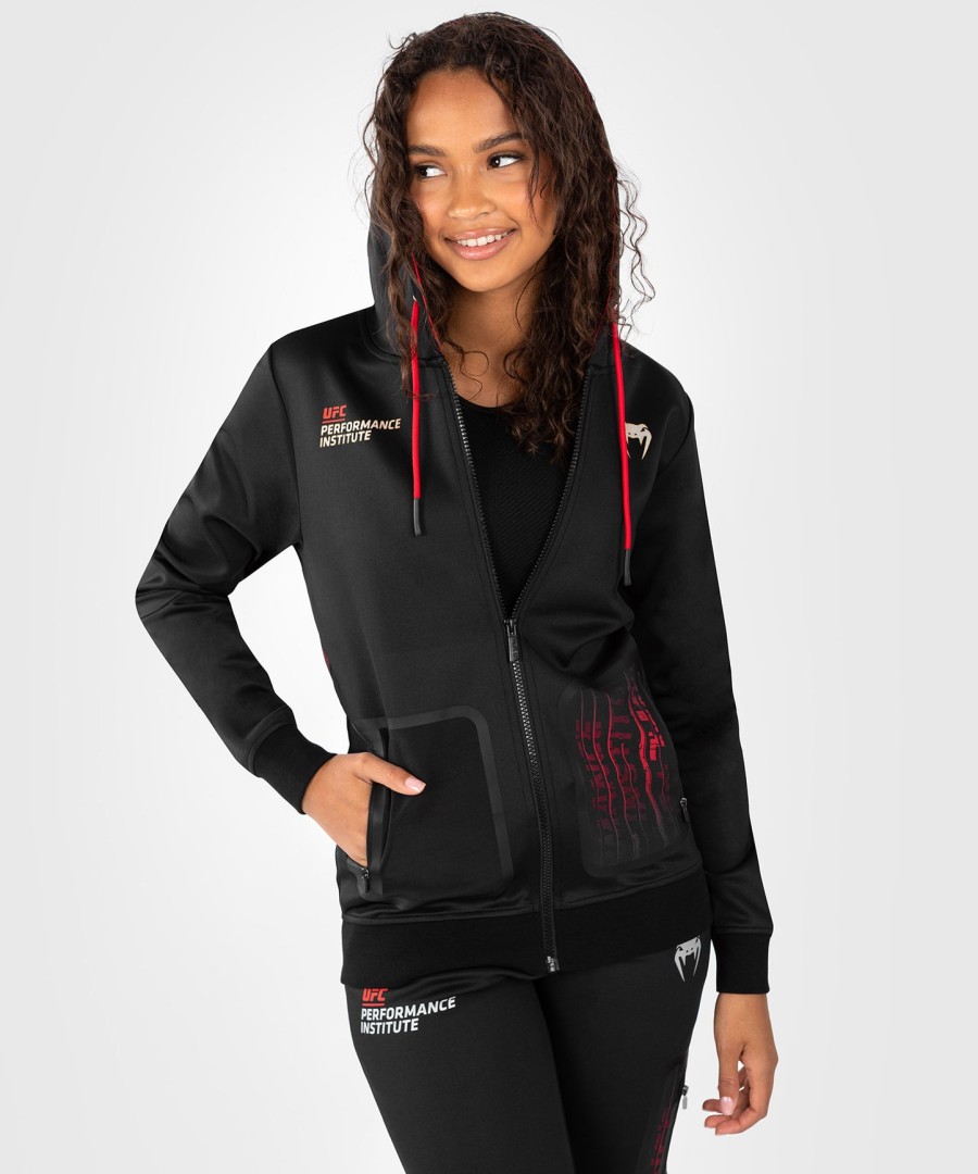 bluza z kapturem damska ufc venum performance institute 2.0 na zamek – czarno-czerwona